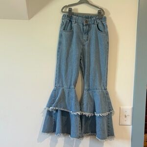 SHEIN Light Blue Denim Double Ruffle Flare Jeans